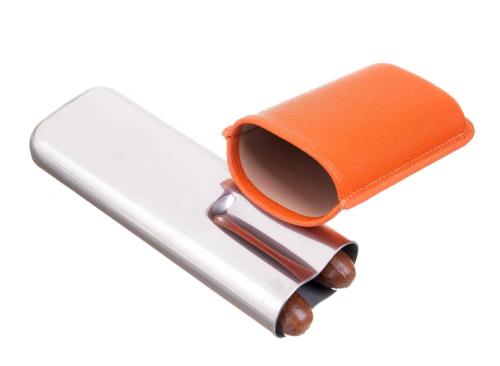 Чехол Lubinski на 2 сигары, металл и кожа, оранжевый фото 2